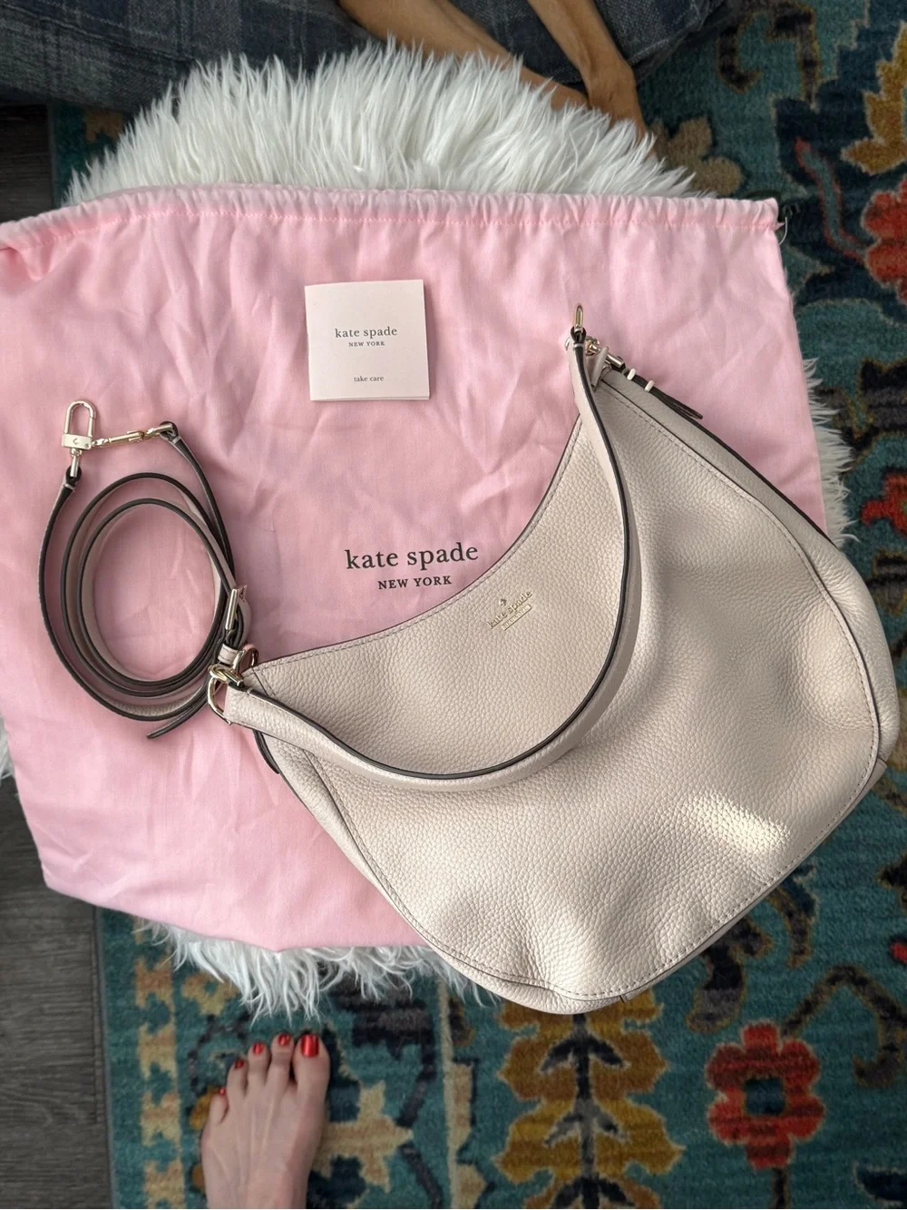 kate spade Pebbled Leather Hobo Shoulder Bag in Light Beige with Gold Hardware